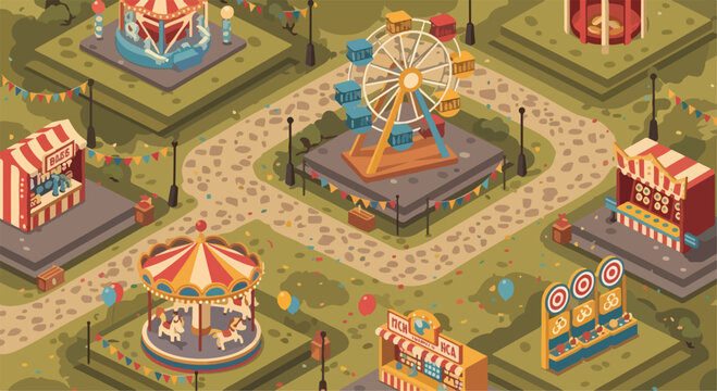 Vintage isometric amusement park vector, retro carnival fairground with ferris wheel and carousel, nostalgic theme park map with food stalls and games