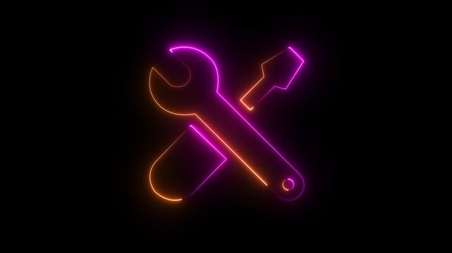 Abstract glowing blue neon line icon animation of crossed wrench and screwdriver tools for technical support or settings on a pitch-black background.