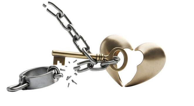 Broken heart shaped lock with key on a transparent background