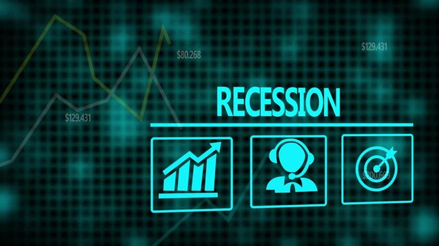 Recession business concept on a flashing computer monitor with moving graphs and data.