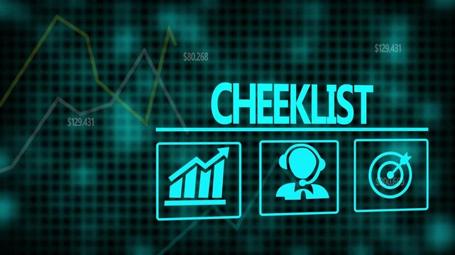 Checklist business concept on a flashing computer monitor with moving graphs and data.