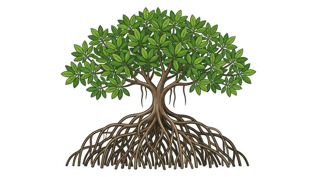Mangrove tree illustration with complex aerial roots and green leaves isolated on white for environmental and nature design projects