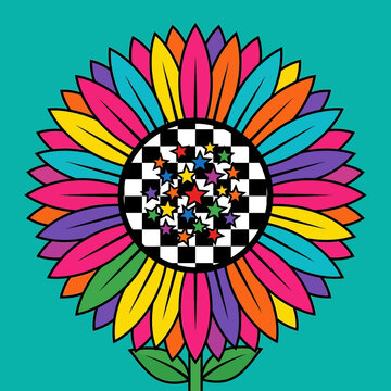 Colorful Abstract Sunflower with Stars and Checkered Center