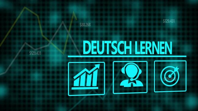 Deutsch Lernen &ldquo;Learn German&rdquo; German business concept on a flashing computer monitor with moving graphs and data.