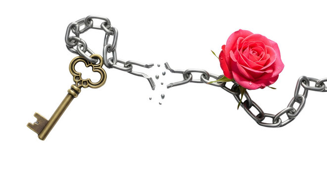 A key and rose entwined with a broken chain on transparent background