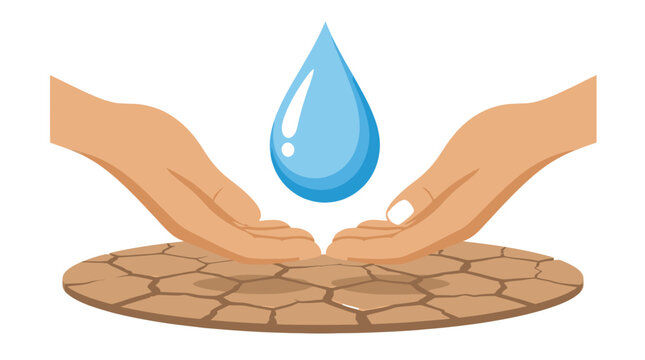 Cupped hands gently hold a single drop of water above cracked dry earth
