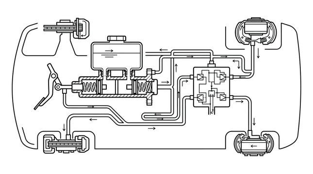Vehicle chassis hydraulic brake line routing technical drawing.