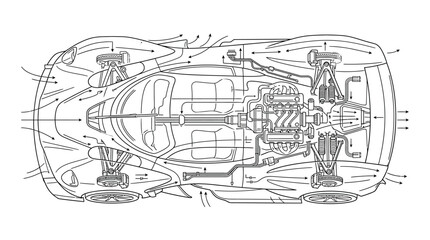 Obraz premium Supercar aerodynamic and mechanical top view wireframe.