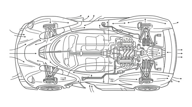 Supercar aerodynamic and mechanical top view wireframe.