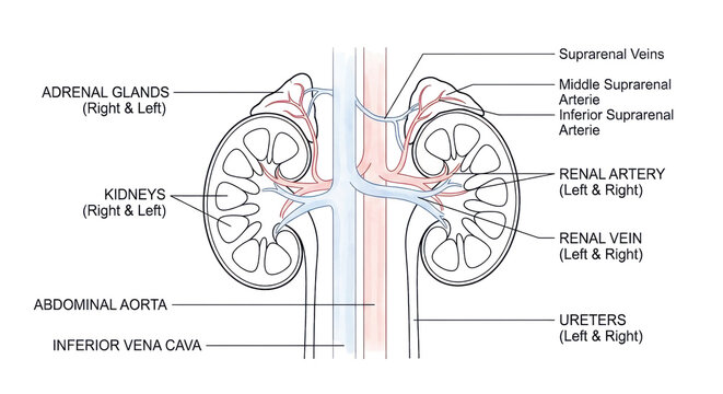 Detailed anatomical illustration of human kidneys and adrenal glands with labeled blood vessels