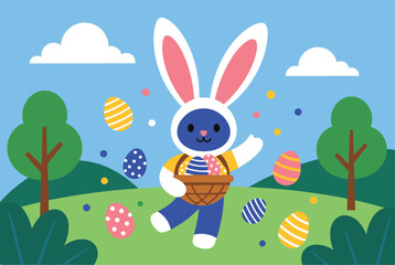 Fototapeta premium Cute white easter bunny wearing a blue suit and carrying a basket filled with decorated colorful eggs in a spring green landscape.
