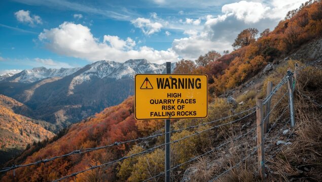 Caution sign indicating risks of steep quarry, falling stones, and urging distance, fixed to a barbed wire fence on a hillside beneath a clear sky.