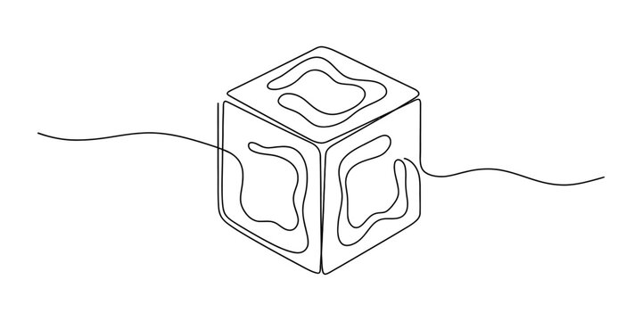 Continuous single line drawing of a 3d cube with abstract wavy patterns