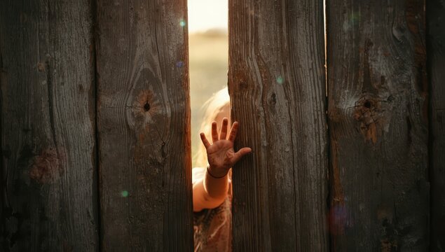 A child's hands are trapped between aged wooden boards.