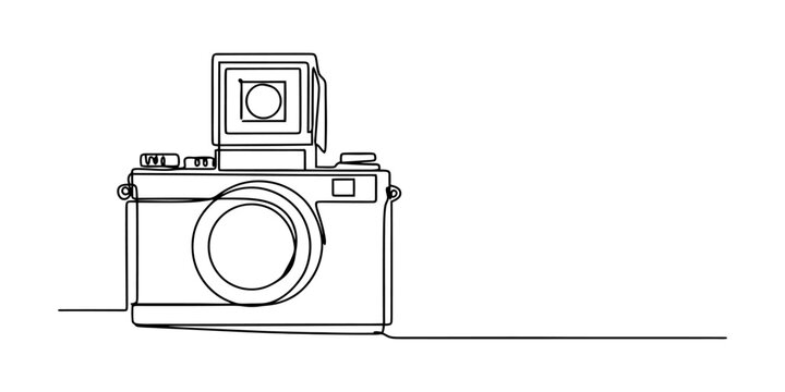 Continuous single line drawing of a vintage medium format film camera with a viewfinder