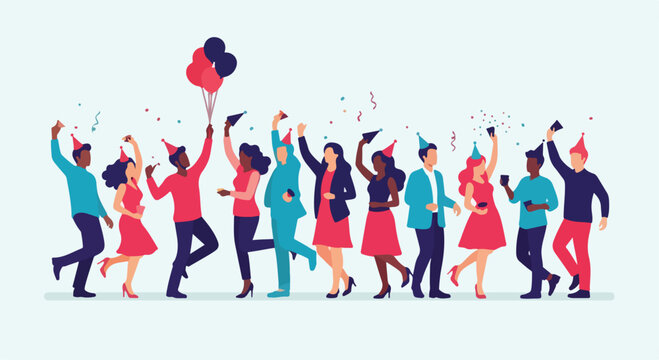 Diverse people celebrating at party with balloons and confetti, happy crowd dancing at corporate event, friends enjoying festive holiday celebration vector