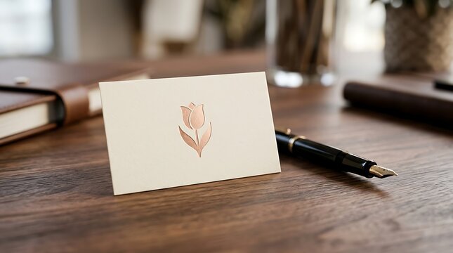 Minimalist business card with rose gold tulip logo on wooden desk