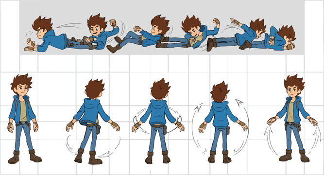 Anime character sprite sheet for game design, boy protagonist in blue hoodie animation frames, 2D side-scrolling action poses and turnaround