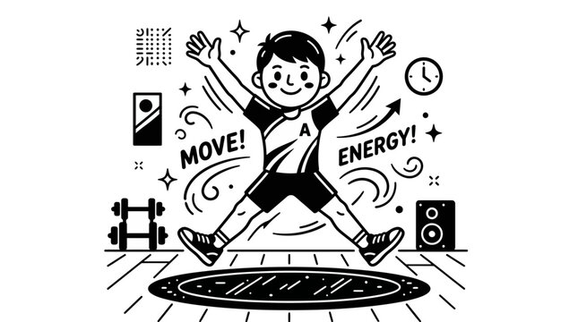 Happy young man doing jumping jacks in bright studio, enthusiastic exercise, with fitness icons.