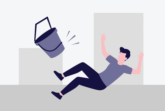 Accident scene showing a man falling backwards with a bucket flying through the air, highlighting workplace safety and slip hazards.