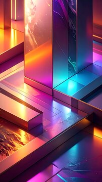 A colorful 3D rendering of shiny reflective rectangular prisms
