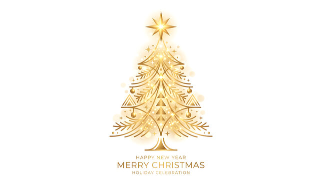 Golden Christmas tree illustration with elegant shimmering patterns and a radiant star, ideal for festive holiday season celebrations and New Year greetings