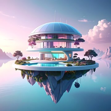 A futuristic floating house with a pool and trees on a cliff