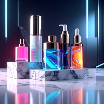 A futuristic display of colorful cosmetic bottles on marble stands