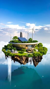 A futuristic floating island with sustainable energy and lush greenery