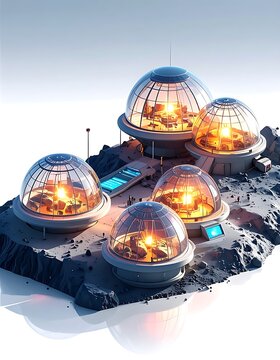 A futuristic rocky outcrop with glowing domes