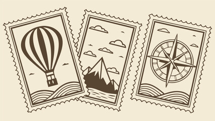 Fototapeta premium Vintage postage stamp illustration set featuring a hot air balloon mountain landscape and nautical compass