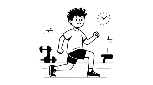 Young boy smiling doing lunge exercise with dumbbells and clock in gym, isolated white background, happy and active