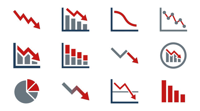 Set of financial icons showing downward trends and economic decline