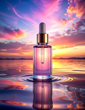 A glass bottle with a dropper on water with a vibrant sunset