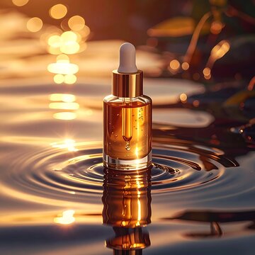 A golden dropper bottle floats on rippling water with sunlight reflections
