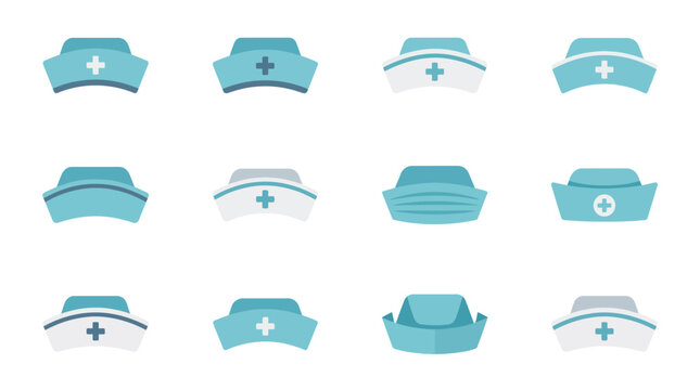 A collection of blue and white nurse hat vector icons