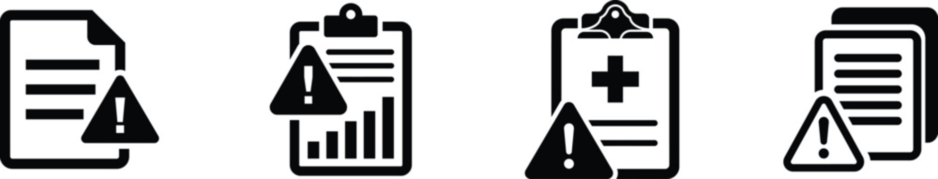 Set of warning icons on documents and medical charts highlighting important alerts with document