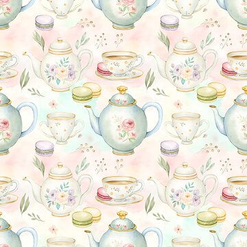 A repeating watercolor pattern of teapots teacups and colorful macarons against a soft pastelwashed background
