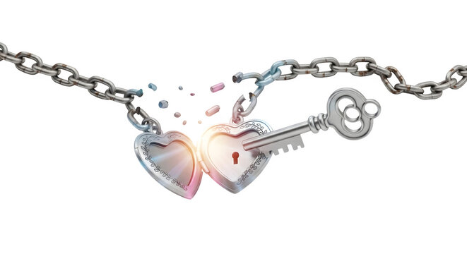 A broken heart shaped locket with a key on a chain explodes in colorful sparks on transparent background