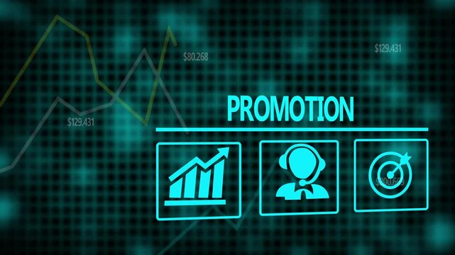 Promotion business concept on a flashing computer monitor with moving graphs and data.