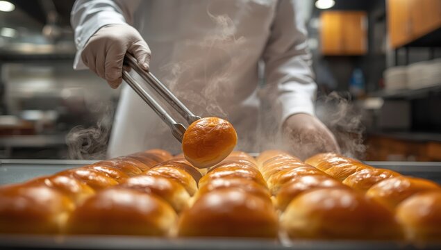 Baker holds a hot baking sheet with buns, using tongs to grab one.