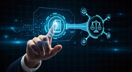 Obraz premium Business person touching a digital screen with legal justice document and law scale icons