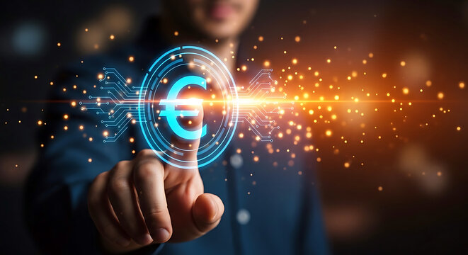 Businessman touching a glowing digital euro currency sign with futuristic light effects