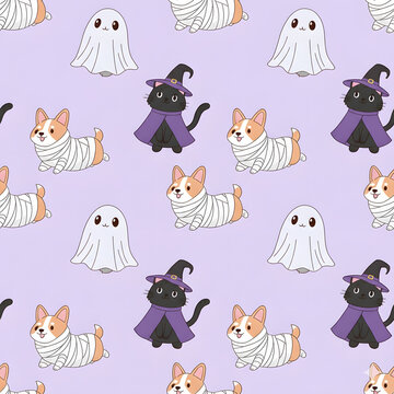 Halloween seamless pattern featuring chubby corgis dressed as mummies