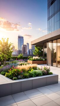 A serene rooftop garden with a cityscape background at sunset