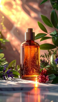 A serene scene with a glass bottle surrounded by lush greenery and flowers