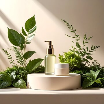 A serene still life of natural skincare products surrounded by lush greenery (1)