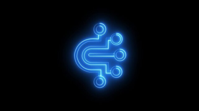 Abstract glowing neon circuit board pattern with digital technology symbols and futuristic science effects, dark background