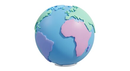 Fototapeta premium 3D Stylized Pastel Colored Earth Globe Illustration Featuring Continents on a Blue Ocean Sphere Isolated on a White Background
