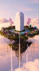Floating Enchanted Island With A Mysterious White Monolith Surrounded By Lush Flowers And Waterfalls Above The Clouds In A Dreamy Fantasy Landscape © Interesting Pic
